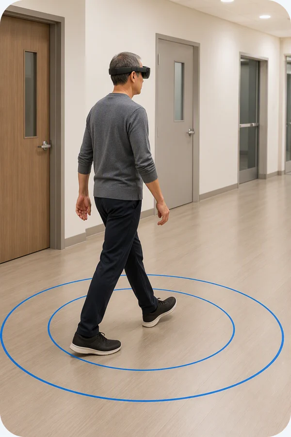 Person walking down a hallway wearing an augmented-reality headset, with visual cue rings projected on the floor