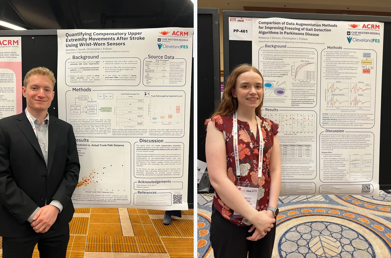 Nick Nazak and Rebecca Stinson standing beside their research posters at RehabWeek 2025